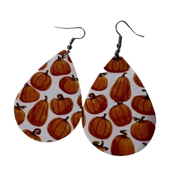 Pumpkins on White Leather Drop Shaped Earrings - Picture 2 of 3